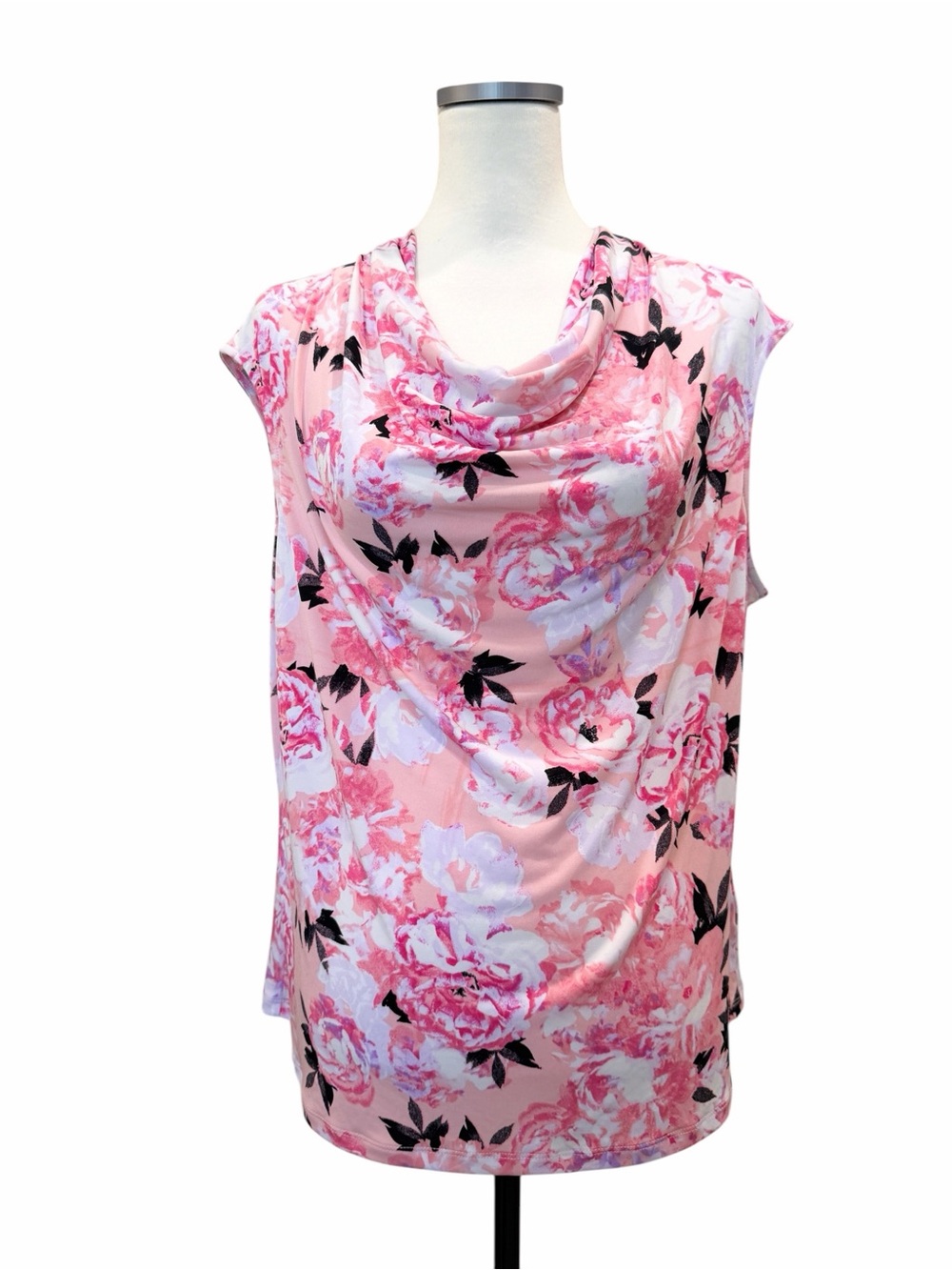 Kasper Floral Cowl Neck Top Cap Sleeve Shell Stretch Knit Pink Petite PXL NWT - Picture 5 of 14